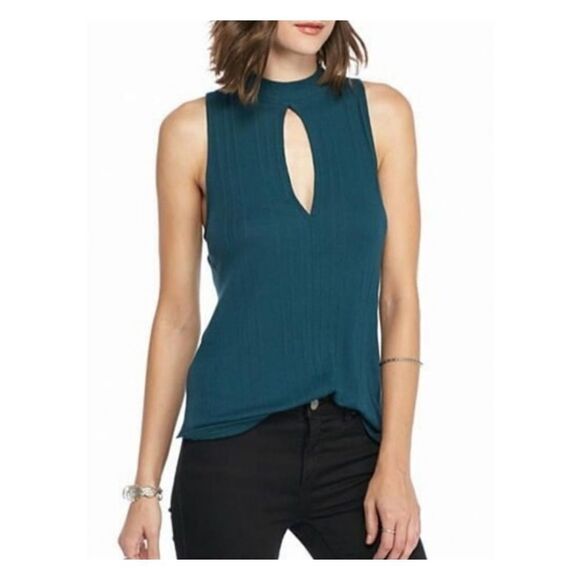 Free People Faye green ribbed keyhole tank sz Small - Picture 1 of 4